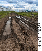 Muddy terrain with deep tire tracks and puddles, surrounded by green grass and a cloudy sky, showcasing the impact of vehicles on natural landscapes and urban development. Стоковое фото, фотограф Елена Гоосен / Фотобанк Лори