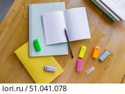 Neatly laid out notebooks or notebooks in delicate pastel colors on a wooden table, next to multi-colored highlighter markers in the shape of cute animals, blue, yellow, pink and orange and a black gel pen and an open blank notebook, ready to write. The personnel convey the mood of the new school year, creativity, planning and organization. Редакционное фото, фотограф Анастасия Мерчик / Фотобанк Лори