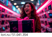 Black Friday bliss: happy woman squeals with joy holding a giant gift box. Стоковое AI-изображение, AI-художник Сергей Бирюков / Фотобанк Лори