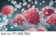 Bubbles surround fresh raspberries in a vibrant water setting. Стоковое AI-видео, аниматор Сергей Толмачёв / Фотобанк Лори