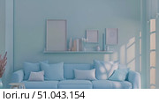 A blue couch sits in a living room next to a window, allowing natural light to illuminate the space. Стоковое AI-видео, аниматор Данила Большаков / Фотобанк Лори