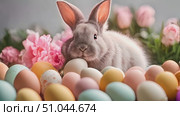 Grey rabbit sits amidst a pile of eggs, calmly observing its surroundings in this unique scene. Стоковое AI-видео, аниматор Данила Большаков / Фотобанк Лори