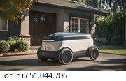 Autonomous robot maneuvers along a driveway, showcasing futuristic delivery technology in a residential area. Стоковое AI-видео, аниматор Данила Большаков / Фотобанк Лори