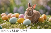 Rabbit sits surrounded by eggs in the grass, showcasing a unique wildlife interaction. Стоковое AI-видео, аниматор Данила Большаков / Фотобанк Лори