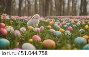 White rabbit sits among a field of eggs, showcasing a unique and intriguing scene of nature. Стоковое AI-видео, аниматор Данила Большаков / Фотобанк Лори
