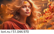 A woman with blonde hair stands amidst a sea of yellow leaves in a forest setting. Стоковое AI-видео, аниматор Данила Большаков / Фотобанк Лори