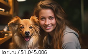 Happy woman is striking poses with her dog, capturing a memorable moment in a photograph. Стоковое AI-видео, аниматор Данила Большаков / Фотобанк Лори