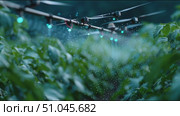 Efficient irrigation system enhances crop growth in lush green fields during early morning. Стоковое AI-видео, аниматор Сергей Толмачёв / Фотобанк Лори