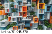 Discover an innovative bookshelf arrangement with bright colors and plants, showcasing creativity in interior design and book storage. Стоковое AI-видео, аниматор Данила Большаков / Фотобанк Лори
