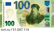 Vector fictional banknote in style of European Union. Note of 100 euros with portrait of Leonardo di Ser Piero da Vinci. Money of Europe. Denomination of hundred. Obverse of bill. 2026. Стоковая иллюстрация, иллюстратор GAlexS / Фотобанк Лори