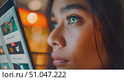 A woman is focused on looking at a tablet computer screen, scrolling and tapping on the device while seated. Стоковое AI-видео, аниматор Данила Большаков / Фотобанк Лори