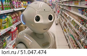 Robot is positioned in the middle of a store aisle, standing still and observing its surroundings. Стоковое AI-видео, аниматор Данила Большаков / Фотобанк Лори
