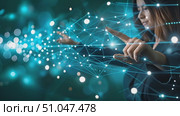 Business woman touches a futuristic digital network, interacting with a holographic interface of connected nodes and light beams. Стоковое AI-видео, аниматор Данила Большаков / Фотобанк Лори