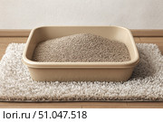 Cat litter box filled with white-gray litter with blue particles. Clumping cat in home background. Clean gray beige pet litter box placed on a rug carpet. Cleanliness concept. Cat toilet. Pets hygiene. Стоковое AI-изображение, AI-художник Марина Демидюк / Фотобанк Лори