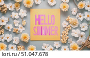 Piece of paper with the words hello summer written on it placed among a variety of colorful flowers in a garden setting. Стоковое AI-видео, аниматор Данила Большаков / Фотобанк Лори