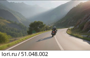 Motorcycle ride through winding mountain roads at sunrise with stunning views of nature. Стоковое AI-видео, аниматор Сергей Толмачёв / Фотобанк Лори