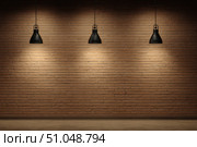 Modern black pendant lights with vintage light bulb hanging among bricks wall. Hanging ceiling light in a white shared office space. Decorative geometric metal lamp. Suspended chandelier loft style. Стоковое AI-изображение, AI-художник Марина Демидюк / Фотобанк Лори