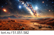 A Starry Night Over the Martian Landscape. Generative AI. Стоковое AI-изображение, AI-художник Roman Zavorotny / Фотобанк Лори