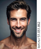 Close-Up Portrait of a Smiling Man With Stubble and Dark Hair. Generative AI. Стоковое AI-изображение, AI-художник Roman Zavorotny / Фотобанк Лори