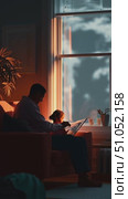 Father and child share a quiet moment reading by the window during sunset in a cozy living room. Стоковое AI-видео, аниматор Сергей Толмачёв / Фотобанк Лори