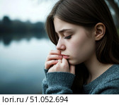 профиль грустной девушки. Стоковое AI-изображение, AI-художник Руслан Лесков / Фотобанк Лори