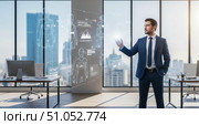 Artificial intelligence concept with businessman using futuristic interface for prompt generation, modern technology background showing ai creating digital avatar in office environment. Стоковое AI-изображение, AI-художник Павел Муравьев / Фотобанк Лори