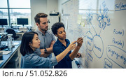 Diverse team of researchers discussing ethical AI on whiteboard, scientists collaborating on technology, ethics, and fairness in a modern laboratory. Стоковое AI-изображение, AI-художник Павел Муравьев / Фотобанк Лори