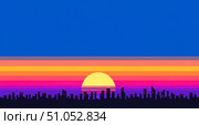 Pixel art background with city skyline at sunset in retro 8bit video game style. Synthwave aesthetic with cityscape silhouette and colorful sky for wallpaper. Стоковое AI-изображение, AI-художник Павел Муравьев / Фотобанк Лори