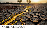 Cracked dry earth from drought with glowing river of lava or gold. Climate change and global warming concept with trees at sunset. Стоковое фото, фотограф Павел Муравьев / Фотобанк Лори