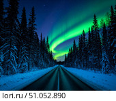 Северное сияние. Зимний ночной пейзаж с северным сиянием и ночным лесом с дорогой. Стоковое AI-изображение, AI-художник Руслан Лесков / Фотобанк Лори