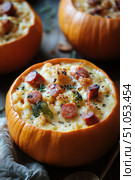 Delicious Pumpkin Bowls Filled With Creamy Sausage and Broccoli Casserole for Autumn Gatherings. Стоковое AI-изображение, AI-художник Юлия Гапеенко / Фотобанк Лори