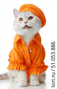 White cat in orange outfit with beret and shirt sitting cheerfully. Стоковое AI-изображение, AI-художник Olga Didraga / Фотобанк Лори