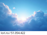 Fluffy clouds bask in soft morning light, creating a breathtaking palette of blue and white. The scene captures the serenity and beauty of a new day dawning softly. Стоковое AI-изображение, AI-художник Ольга Игнашина / Фотобанк Лори