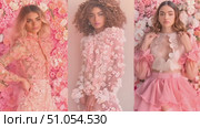 Three models in elegant dresses stand in front of a wall covered in colorful flowers. They strike different poses and showcase the beauty of the floral backdrop. Стоковое AI-видео, аниматор Данила Большаков / Фотобанк Лори
