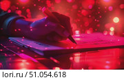Close-up of a persons hand as they sketch a creative design on a tablet, illuminated by dynamic red light, with an artistic ambience. Стоковое AI-видео, аниматор Данила Большаков / Фотобанк Лори