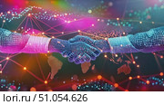 Two individuals are shown shaking hands over a world map, symbolizing a global partnership or agreement. Стоковое AI-видео, аниматор Данила Большаков / Фотобанк Лори