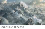 An aerial perspective of a mountain range obscured by clouds, showcasing the peaks and valleys beneath the thick mist. Стоковое AI-видео, аниматор Данила Большаков / Фотобанк Лори