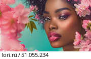 Close-up view of sensual woman with colorful flowers carefully placed in her hair, showcasing detailed petals and vibrant colors. Стоковое AI-видео, аниматор Данила Большаков / Фотобанк Лори