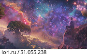 A man is seated on top of a cliff, gazing at the vast sky above with a serene expression. Стоковое AI-видео, аниматор Данила Большаков / Фотобанк Лори
