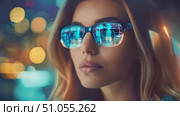 A chic woman dons reflective sunglasses that mirror the glowing lights of an urban landscape in the evening. Стоковое AI-видео, аниматор Данила Большаков / Фотобанк Лори