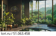 Relaxing indoor garden with natural sunlight and lush greenery overlooking scenic mountainscape. Стоковое AI-видео, аниматор Сергей Толмачёв / Фотобанк Лори