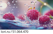 Ripe raspberries splashing in water create a refreshing nature moment. Стоковое AI-видео, аниматор Сергей Толмачёв / Фотобанк Лори