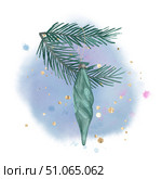 Vintage Christmas toy Glass turquoise icicle on a green spruce branch on a blue picturesque background. Стоковая иллюстрация, иллюстратор Елена Захаревич / Фотобанк Лори