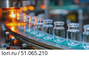 Conveying glass vials on a production line in a pharmaceutical facility during the day. Стоковое AI-видео, аниматор Сергей Толмачёв / Фотобанк Лори