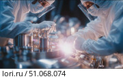Scientists conduct experiments in high-tech laboratory during the day with advanced equipment and precision tools. Стоковое AI-видео, аниматор Сергей Толмачёв / Фотобанк Лори