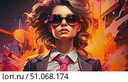 Captivating woman adorned in sunglasses and a sleek suit unveils a timeless symbol of authority and intrigue. Стоковое AI-видео, аниматор Данила Большаков / Фотобанк Лори