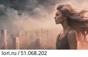 Graceful woman with flowing locks gazes upon the cityscape, experiencing the harmonious blend of urban and natural beauty. Стоковое AI-видео, аниматор Данила Большаков / Фотобанк Лори