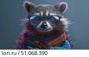 Raccoon wearing glasses and a sweater, showcasing a unique and amusing sight on blue background. Стоковое AI-видео, аниматор Данила Большаков / Фотобанк Лори