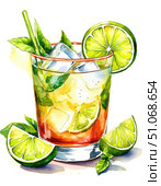 Caiperinha brazilian cocktail watercolor illustration. Стоковое AI-изображение, AI-художник Ирина Самойлова / Фотобанк Лори
