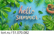 The words hello summer displayed amidst vibrant tropical leaves. Стоковое AI-видео, аниматор Данила Большаков / Фотобанк Лори